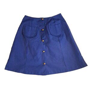 Women's Vintage Skirt Blue A Line Gold Button Front Pockets 1970s GoGo Small
